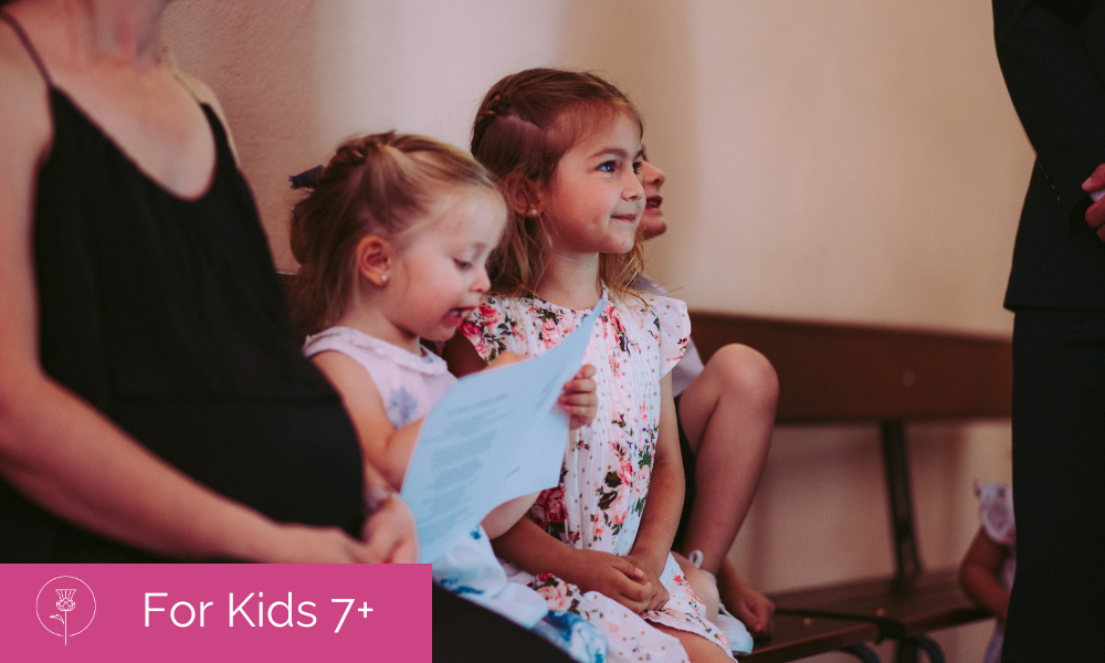 Family sitting in pew. From left: Pregnant woman wearing a black dress, young girl reading a paper, young girl with flowered dress listening, profile of third girl. On the bottom left, the words "Kids 7+" and the Pearl and Thistle logo appear on a hot pink background.