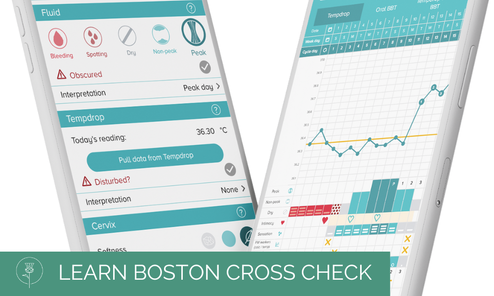 Two phones on a white background with menstrual cycle tracking app information on them and the words "Learn Boston Cross Check" in white on a green background at the bottom left