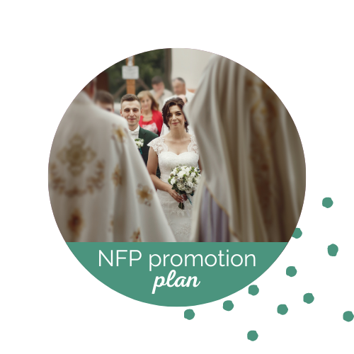 Bride and groom with blue background facing the backs of two priests wearing white chausibles. On the bottom in white letters with a green background it reads "NFP promotion plan."