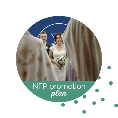 Bride and groom with blue background facing the backs of two priests wearing white chausibles with a navy blue background. On the bottom in white letters with a green background it reads "NFP promotion plan."