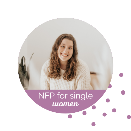 Young woman with curly hair wearing a white sweater facing the camera and smiling. At the bottom in white on a pink background are the words "NFP for single women"