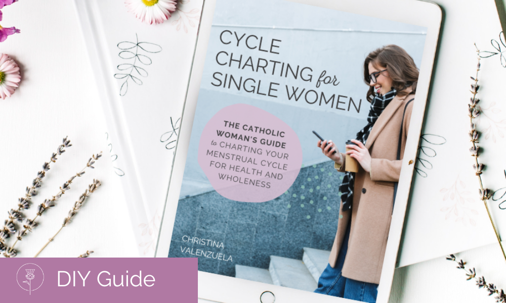White tablet against a flowered backdrop. The tablet features the cover of Cycle Charting for Single Women. On the bottom left are the words "DIY Guide" with the Pearl and Thistle logo in white on a pink background.
