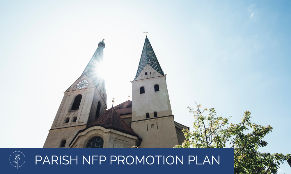Church steeples rising in the air with sun in sky. In the bottom left, the words "Parish NFP Promotion Plan" appear in white on a blue background.