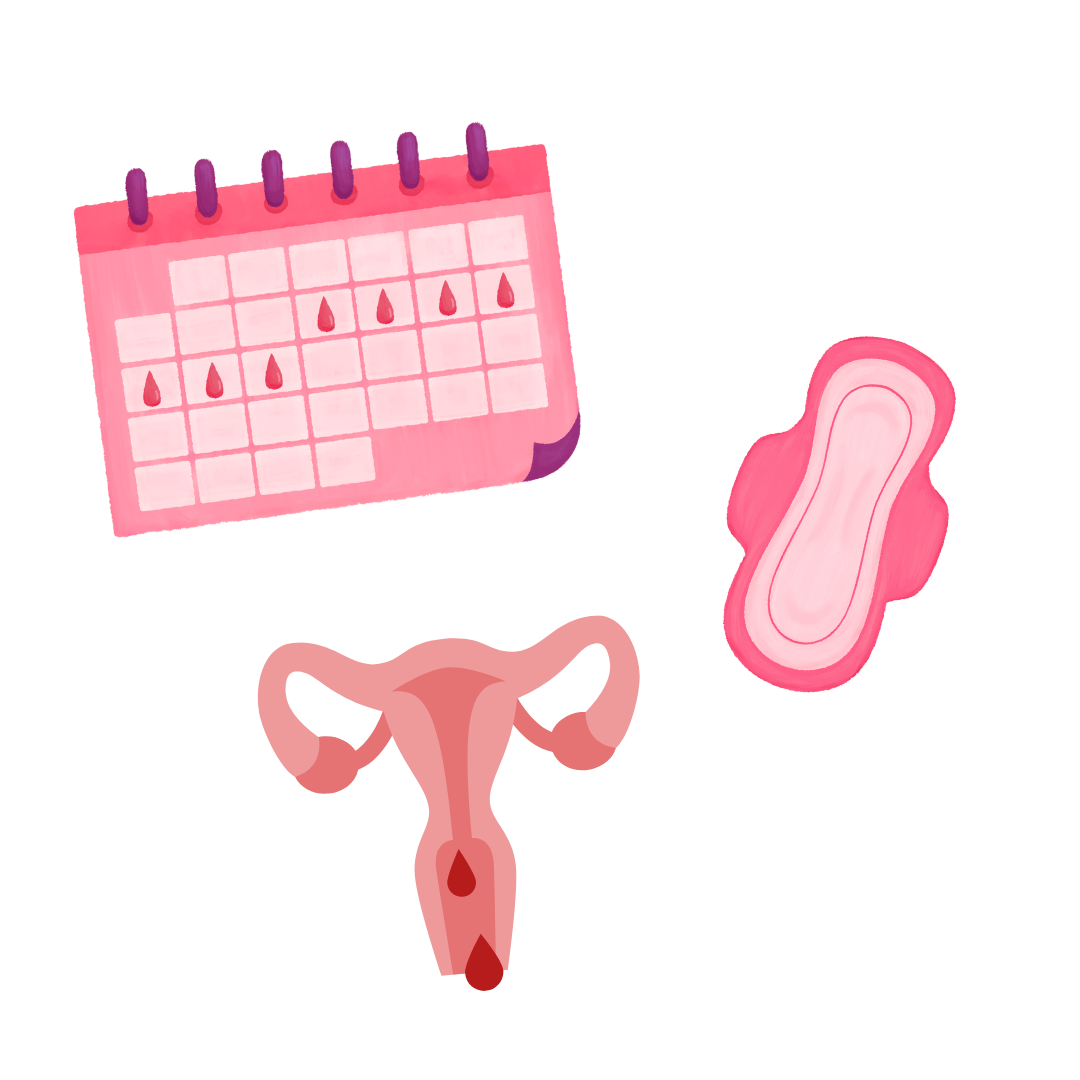 A calendar marking days of bleeding, a pad, and a graphic of an ovary in hot pink
