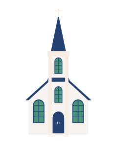 Graphic of a white, blue, and green church building with a tall steeple