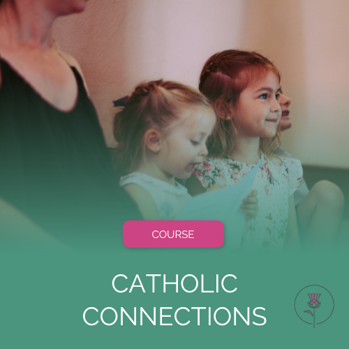 Family sitting in pew. From left: Pregnant woman wearing a black dress, young girl reading a paper, young girl with flowered dress listening, profile of third girl. The photo fades into green with the words "Course" and "Catholic Connections" at the bottom along with the Pearl and Thistle logo.