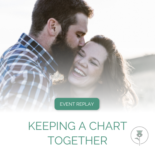 Man wearing checkered shirt kissing forehead of woman with brown hair who is smiling and laughing outside in a field. The photo fades into white with the words "Event Replay" and "Keeping a Chart Together" at the bottom along with the Pearl and Thistle logo.
