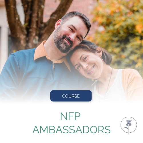 Man and woman sitting with woman resting her head on the man's shoulder. The man is has brown hair and a beard and is wearing a blue zip up with an orange color. The woman is wearing an orange cardigan and a white tank top and has brown hair. The photo fades into white with the words "Course" and "NFP Ambassadors" at the bottom along with the Pearl and Thistle logo.