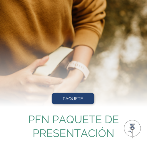 Woman wearing orange sweater holding a Bible and wearing a white watch. The photo fades into white with the words "DIY Slides" and "Intro to NFP Presentation" at the bottom in Spanish along with the Pearl and Thistle logo.