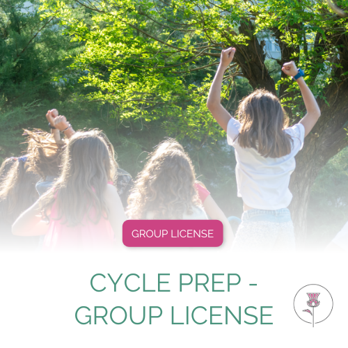 Girls facing away from the camera jumping in the air cheering with trees in background. The photo fades into white with the words "Group License" and "Cycle Prep - Group License" at the bottom along with the Pearl and Thistle logo.