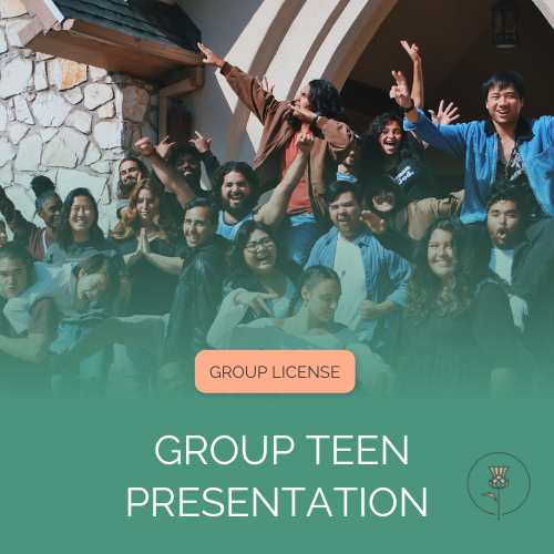 Several Hispanic teenagers posing and cheering outside of church. The photo fades into green with the words "Group License" and "Group Teen Presentation" at the bottom along with the Pearl and Thistle logo.