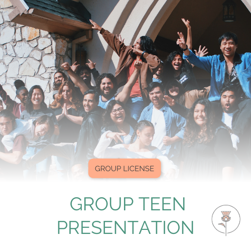 Several Hispanic teenagers posing and cheering outside of church. The photo fades into white with the words "Group License" and "Group Teen Presentation" at the bottom along with the Pearl and Thistle logo.