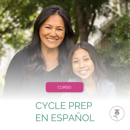 Mom and daughter smiling at camera - the woman has brown curly shoulder-length hair and a black shirt and the girl has brown wavy hair and a blue shirt. The photo fades into white with the words "Course" and "Cycle Prep En Espanol" at the bottom along with the Pearl and Thistle logo.