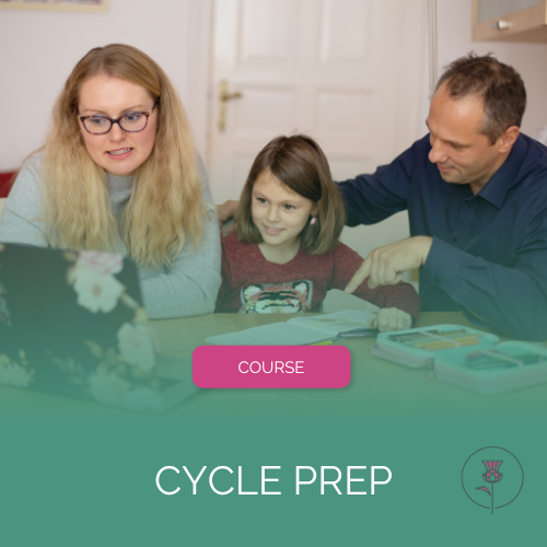 Family sitting at kitchen table looking at a laptop with a black and pink flowered case and doing homework. From left: Woman with blonde curly hair and glasses wearing a gray sweater. Preteen girl with brown bobbed hair and red shirt. Man pointing to homework with blue dress shirt. The photo fades into green with the words "Course" and "Cycle Prep" at the bottom along with the Pearl and Thistle logo.