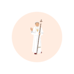 Pale orange circle graphic with illustrated pope wearing white robe and holding crucifix staff.