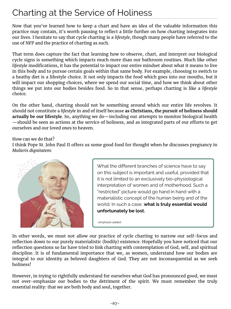 Cycle Charting for Single Women sample page on charting at the service of holiness with picture of St. John Paul II