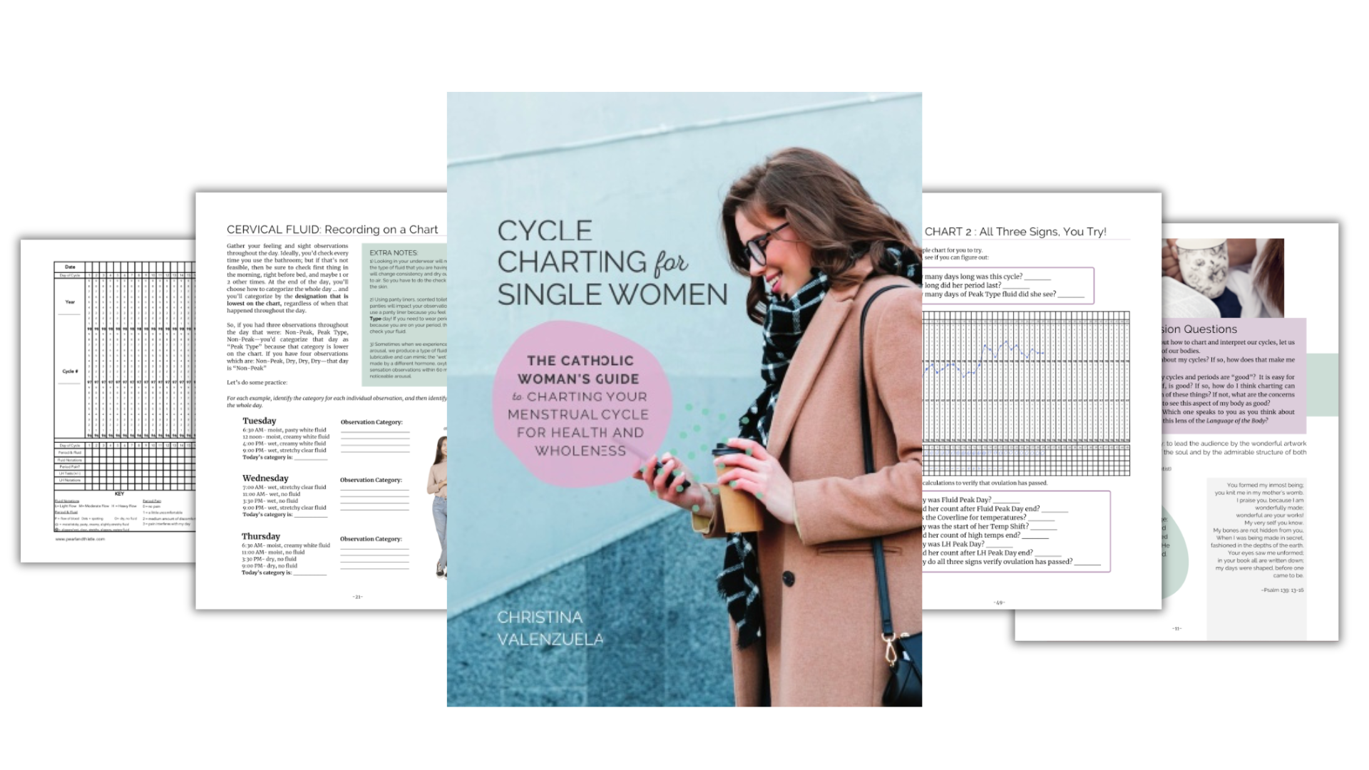 Sample pages from Cycle Charting for Single Women, with cover featuring woman wearing a scarf and coat holding coffee and looking at her phone