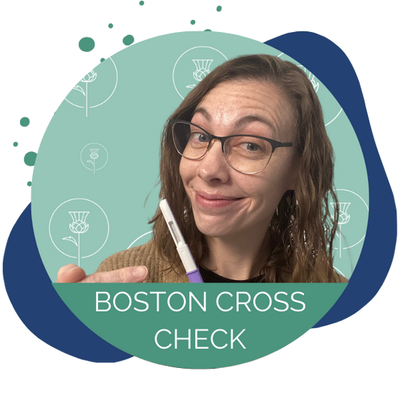 Christina holds a clearblue monitor test stick with light green Pearl and Thistle background, words in front read Boston Cross Check