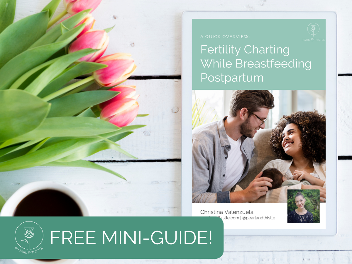 pink tulips and coffee on a table next to a tablet showing the cover of a guide called fertility charting while breastfeeding postpartum