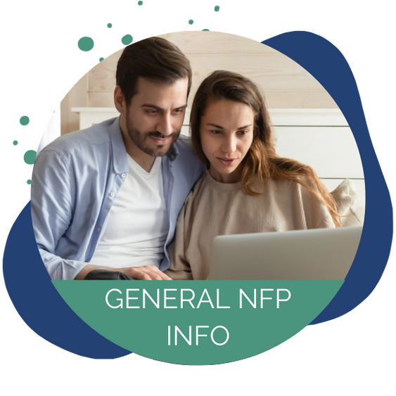 man and woman sit on couch watching computer screen with green pearl and thistle background, over text that says General NFP Info