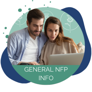 man and woman sit on couch watching computer screen with green pearl and thistle background, over text that says General NFP Info