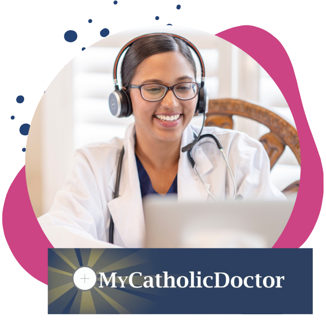 young woman doctor wearing headset speaks to patient on the computer. text box reads My Catholic Doctor