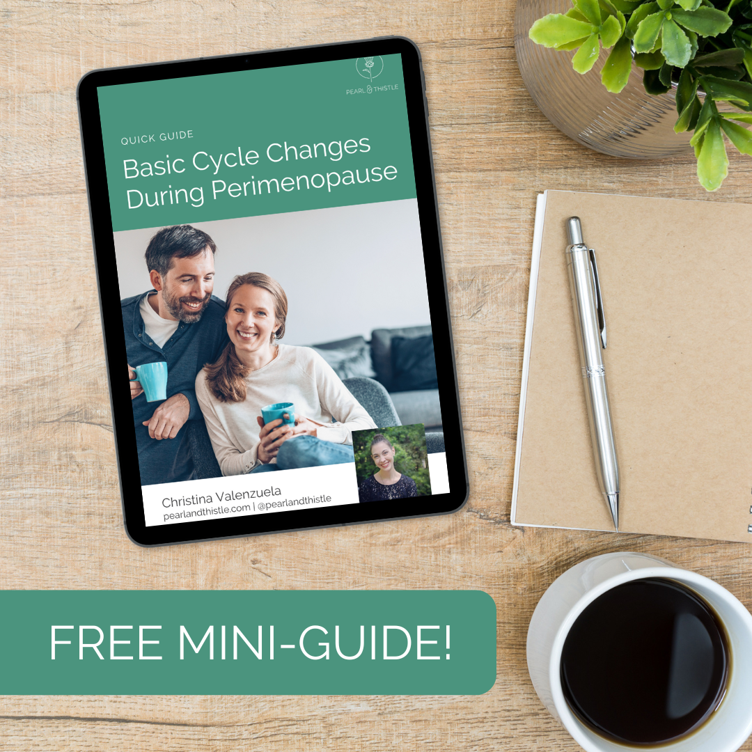 tablet on desk next to notebook, pen and coffee mug. Text says free mini guide. Title of book displayed is basic cycle changes during perimenopause