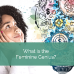 girl looks up at illustration of lightbulb with science, techology symbols. White text on green background reads what is the feminine genius?