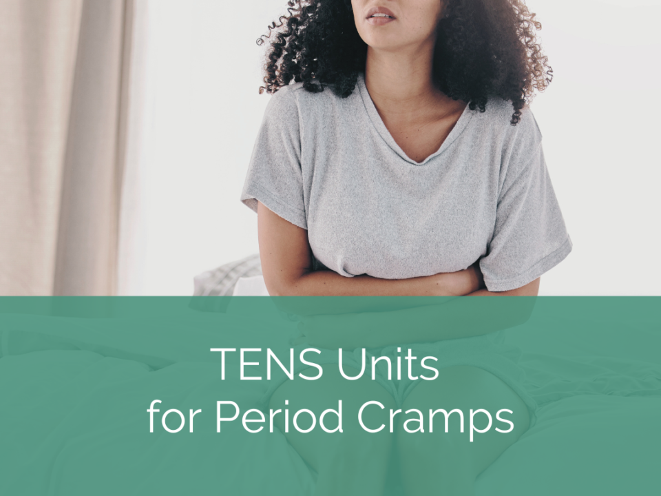 woman winces in pain on her bed. text reads TENS units for period cramps