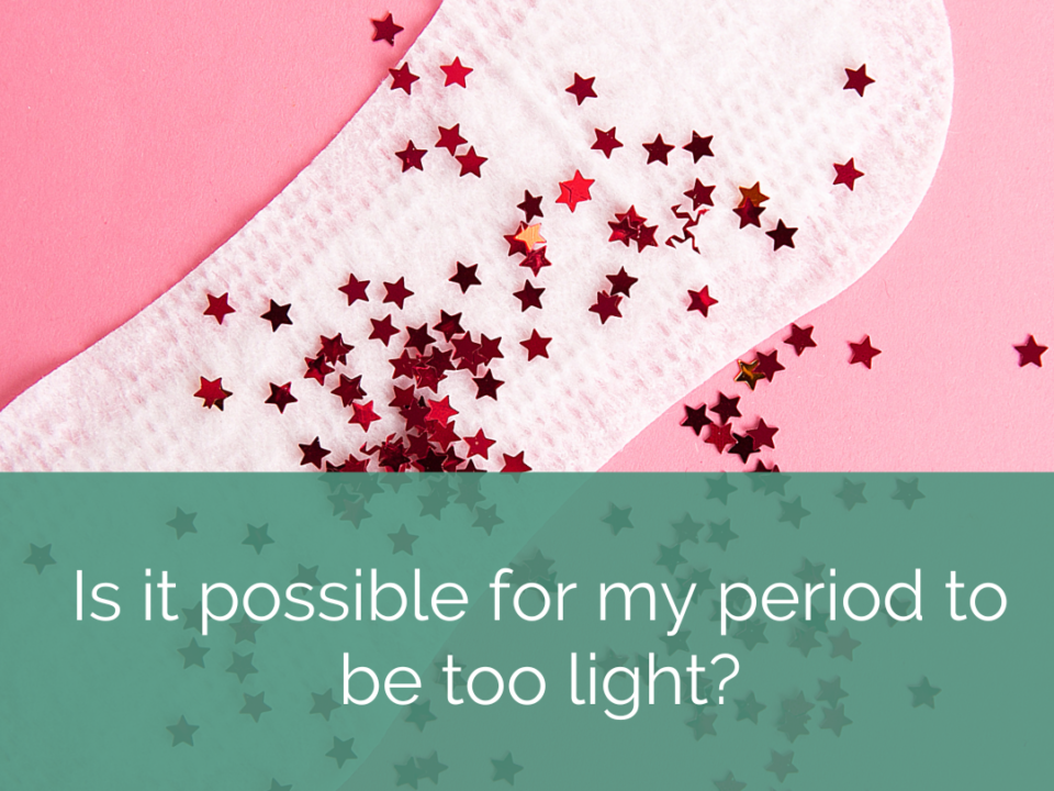 menstrual pad sprinkled with red glitter. text reads "is it possible for my period to be too light?"