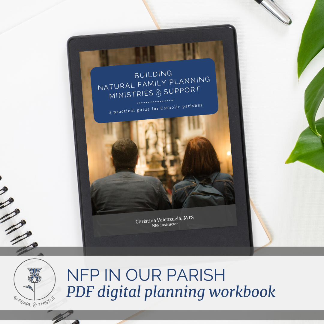 tablet shows cover of ebook called "Building Natural Family Planning Support"