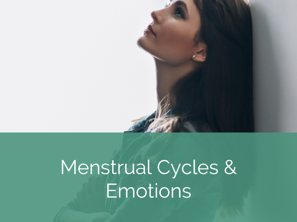 woman leans against wall and looks up with distant expression. text reads "menstrual cycles and emotions"