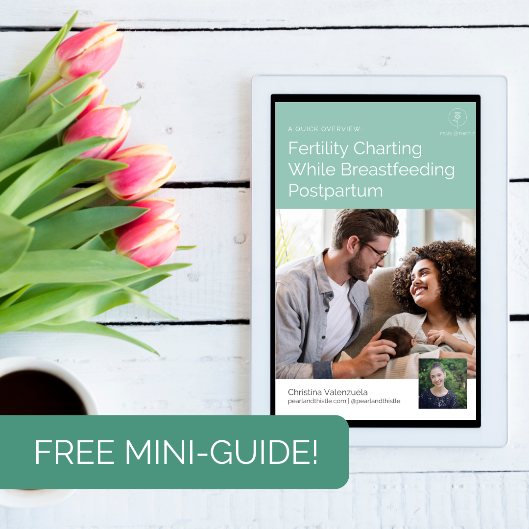 tablet sits on table with flowers. PDF cover image reads "fertility charting while breastfeeding postpartum"